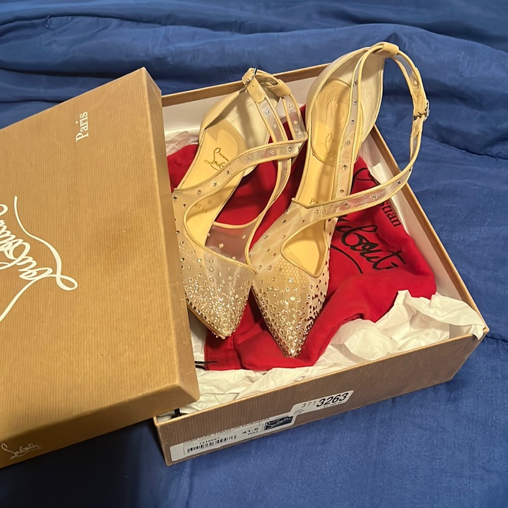 Authentic Louboutin heels. Beige closed toe mesh diamond studded cross strap!